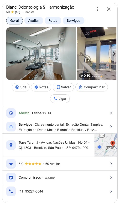 Ficha da Blanc Odontologia e Harmonização no Google